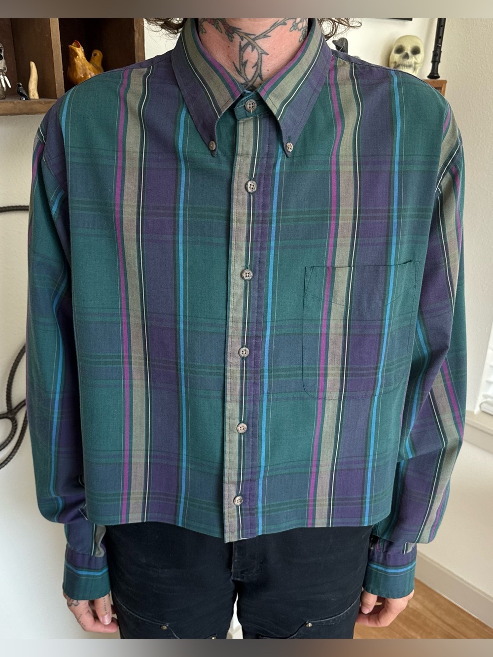 Vintage 90s Cropped Boxy Plaid LS Button Down Shirt ~ Size XL